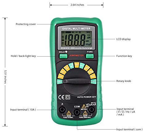 INLIFE Multímetro Digital Volt Amp Ohm Multi Tester con 2000 Contadores de Distancia Automática Diodos de Resistencia de Corriente Continua Prueba de Continuidad Audible Retroiluminación y Pantalla LCD