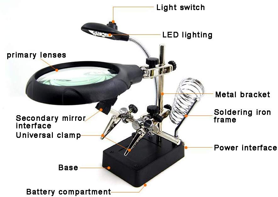 QWET Lupa de Soldadura de Escritorio, Herramienta de reparación de circuitos mecánicos Multiusos con luz LED,Black